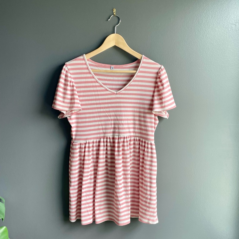 Women Maternity White and Pink V Neck Ruffle Short Sleeve Blouse with Peplum Top